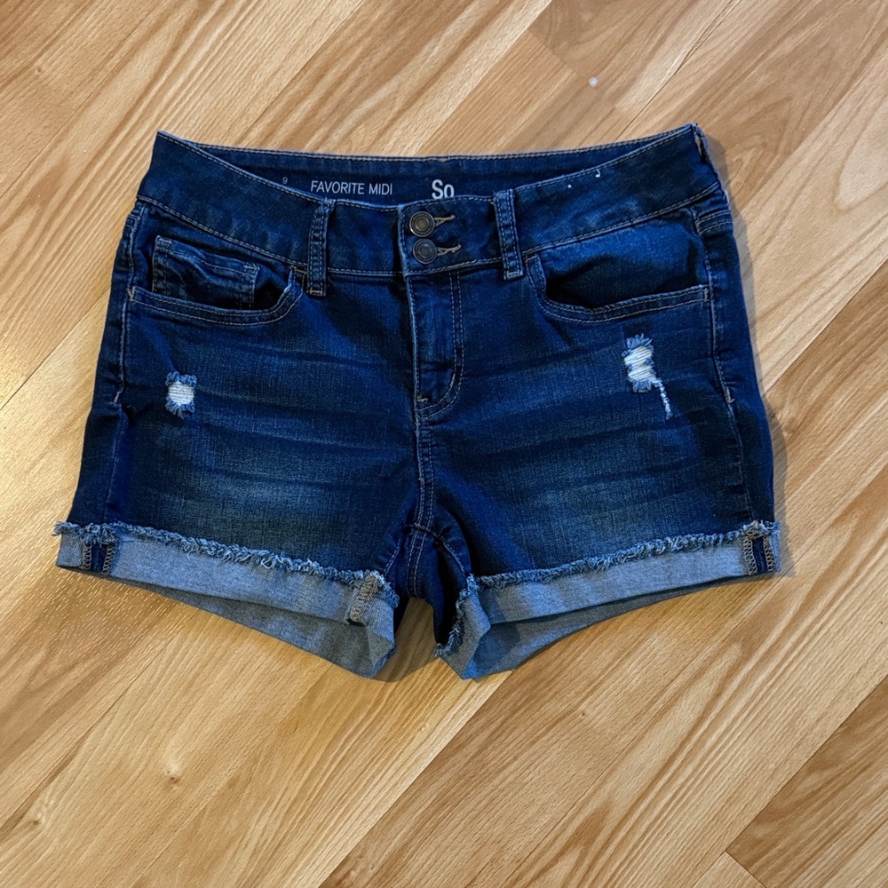 SO Dark Blue Distressed Rolled-Hem Jean Shorts